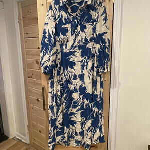 Zara Women's Long Sleeve Button-Up Dress, Blue and Cream Abstract Print, Size XL